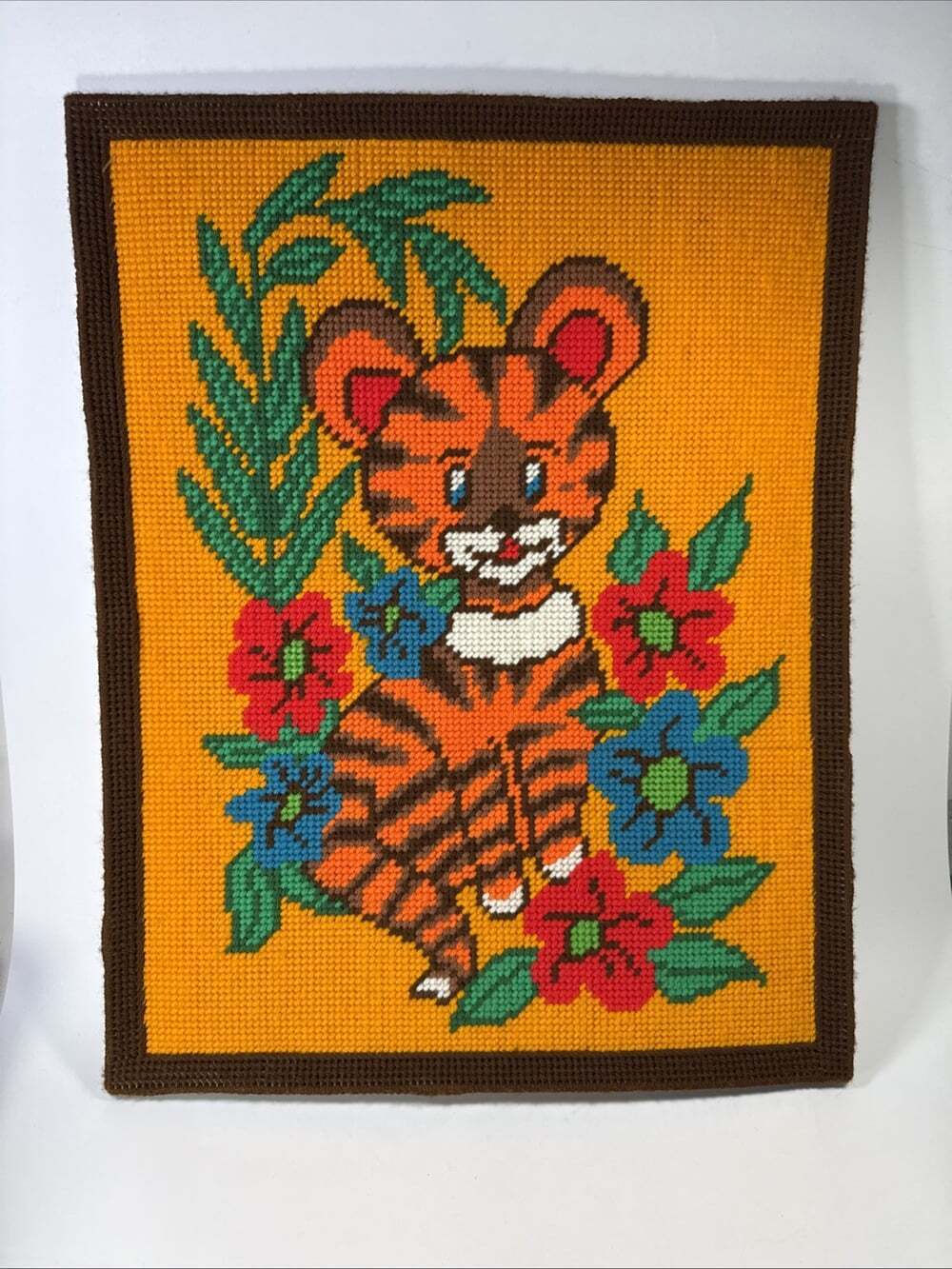 Vintage Kitsch Cartoon Tiger Needlepoint Embroidered Tapestry Panel 16”x21” Art